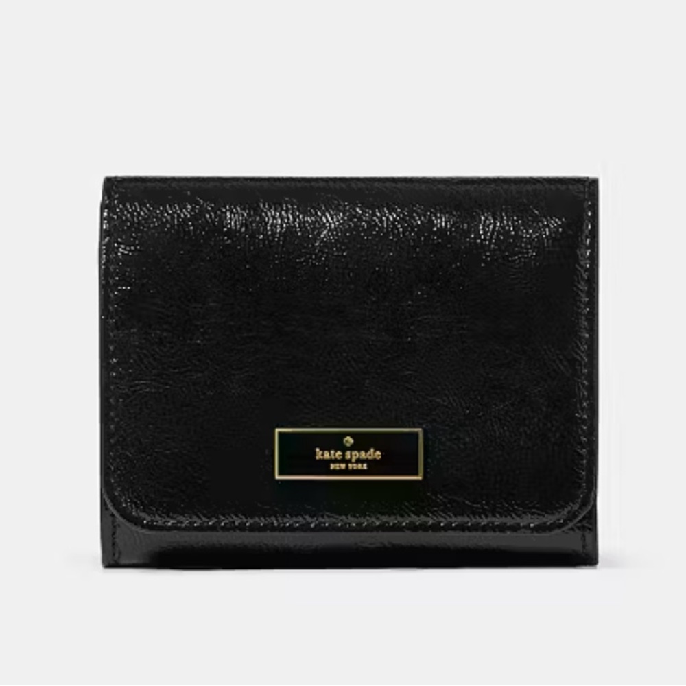 NWT Kate Spade Bridgette Black Crinkle Patent Small Black L-Zip Wallet